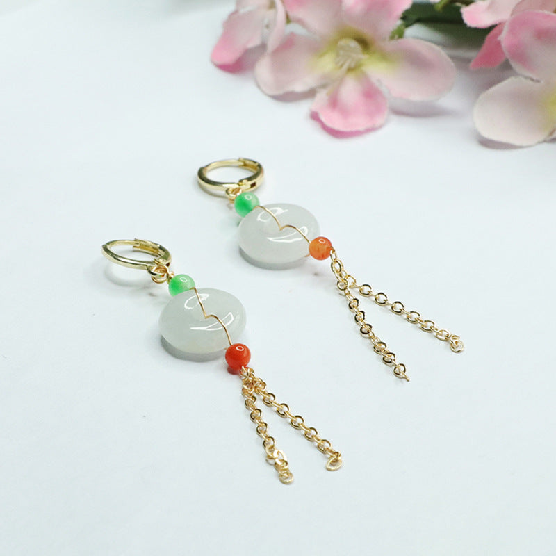 Jade Fortune's Favor Sterling Silver Earrings with Golden Tassel Hangers