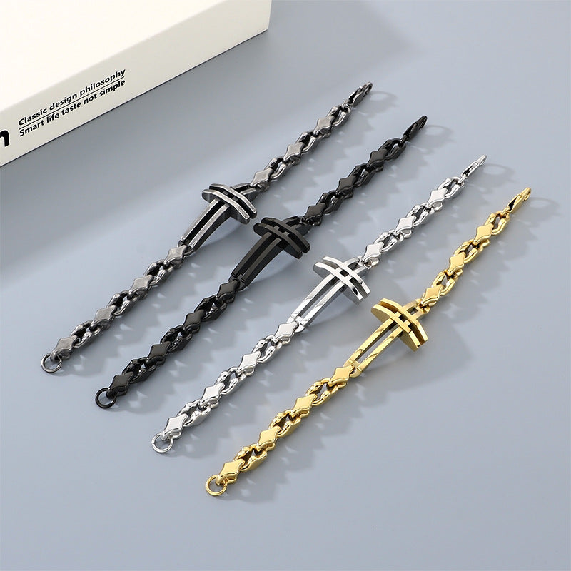 Hip-Hop Hand-Spliced – Niche Double-Layer Hollow Cross Rhombus Chain – Titanium Steel Bracelet