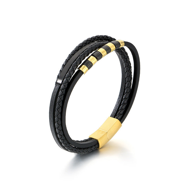 Stainless Steel Black Gold Beaded Leather Cord Bracelet – Multi-Layer Woven Magnetic
