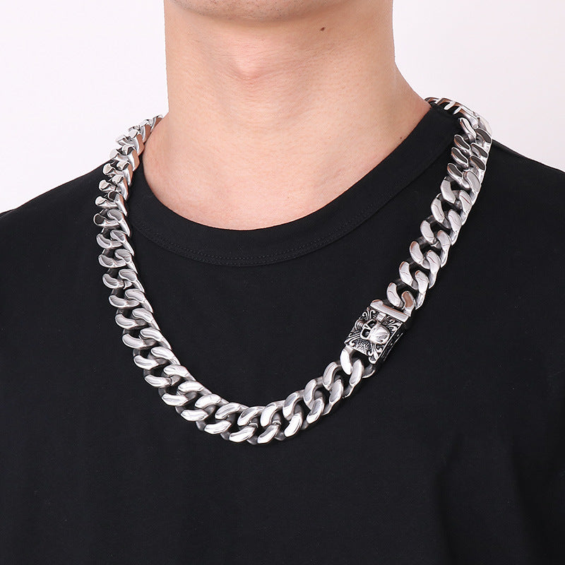 Bold Titanium Steel Skull Necklace - Retro Double-Sided Polished Cuban Chain for Men
