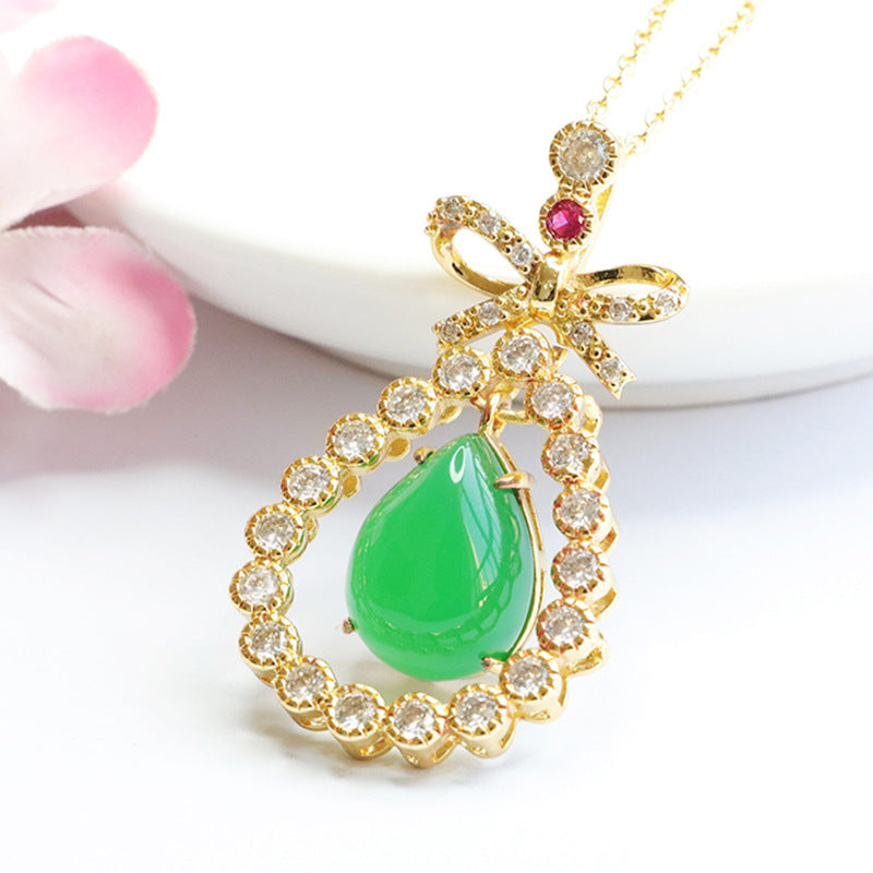 Green Chalcedony Necklace with Zircon Pendant and Sterling Silver Bow