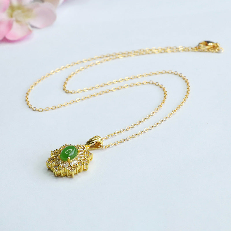 Snowflake Jade Necklace with Sterling Silver Chain