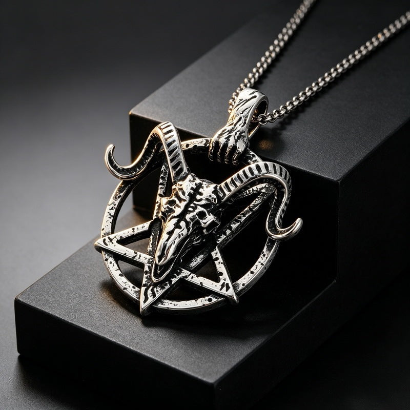 Dark Gothic Baffle Goat Head Pentagram Pendant Casting Three-Dimensional Demon Stainless Steel Men's Necklace