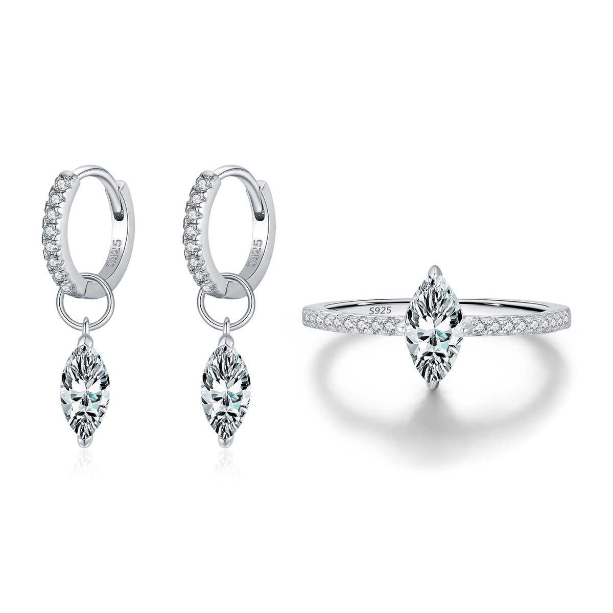 S925 Sterling Silver Marquise Moissanite Ring & Stud Earrings