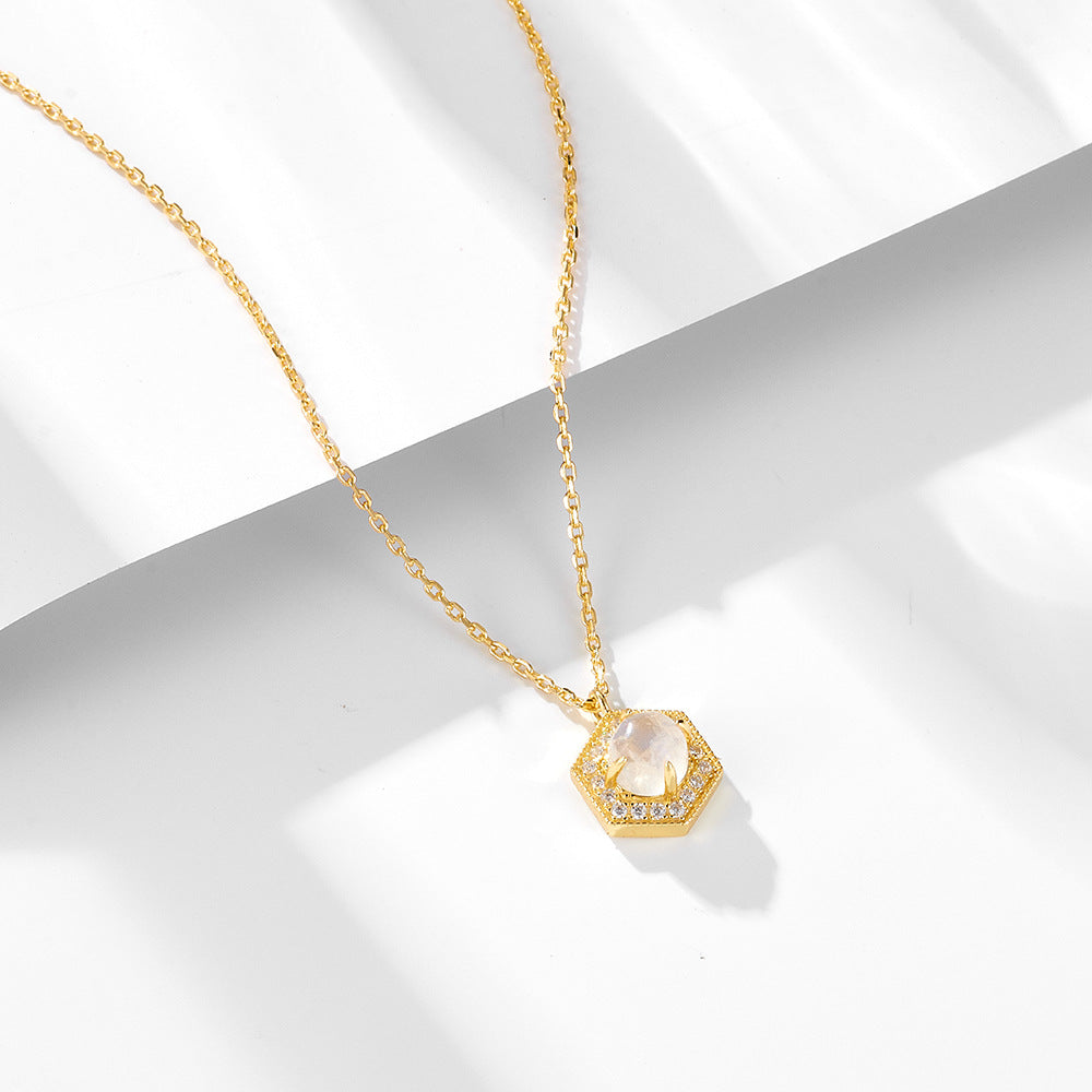 Retro Minimalist Geometric Hexagonal Natural Moonstone Pendant Necklace High-End