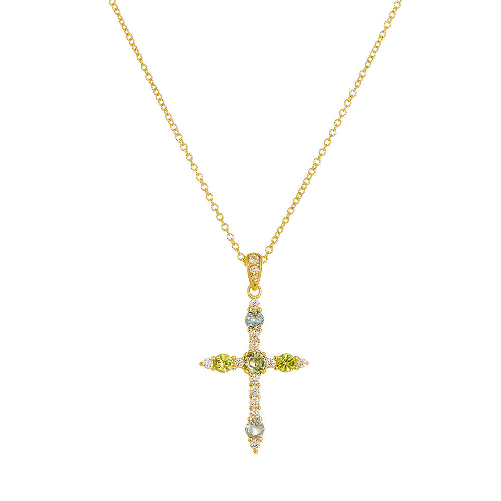 S925 Sterling Silver Zircon Inlaid Colored Cross Pendant Necklace