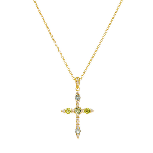 S925 Sterling Silver Zircon Inlaid Colored Cross Pendant Necklace