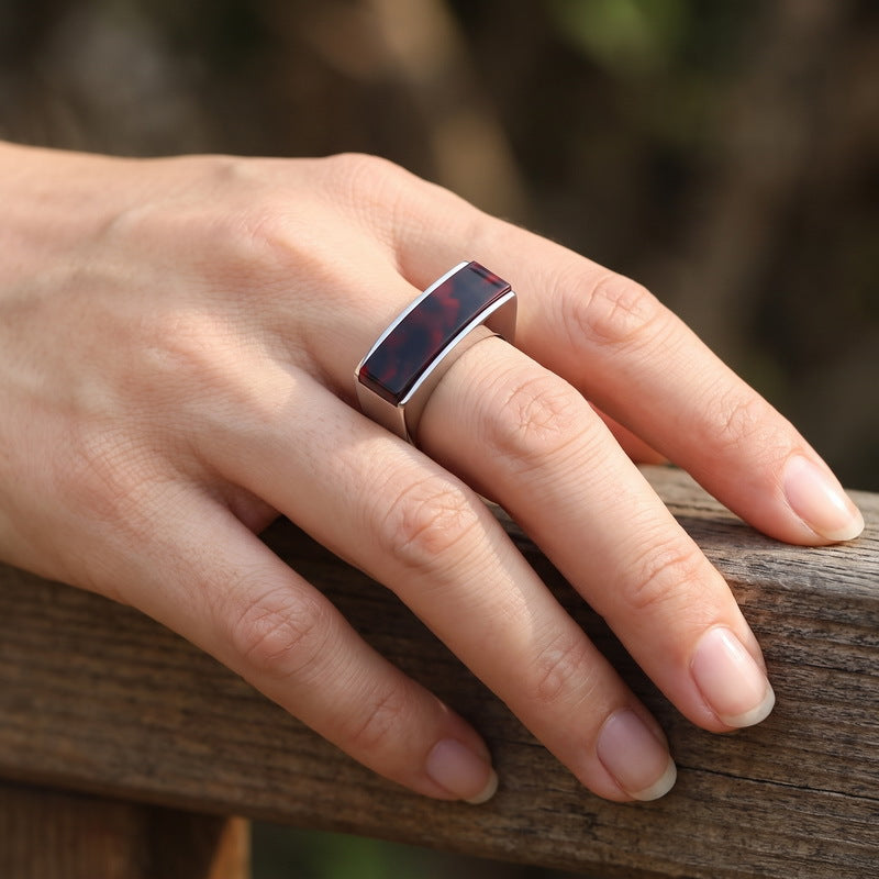 Retro Square Resin Patch Ring, Medieval Women's Stainless Steel Ring