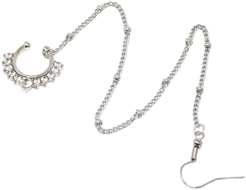 Sparkling Rhinestone Non-Piercing Nose Ring with Chain and Ear Support - Vienna Verve Collection