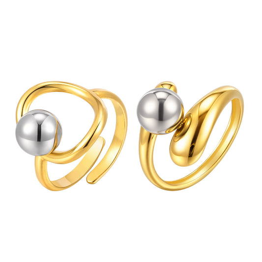 Stainless Steel Irregular Line Steel Ball Open Ring Gold