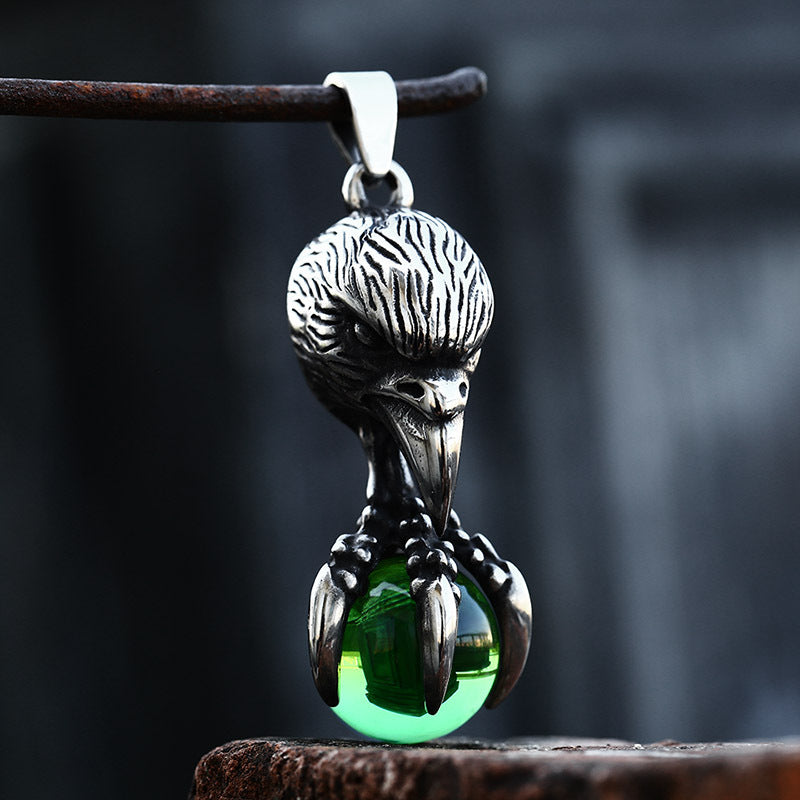 Retro European and American Men's Titanium Steel Pendant with Inlaid Stone Eagle Claw Design