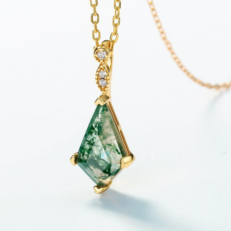 S925 Sterling Silver Gold-Plated Moss Agate Geometric Pendant Necklace