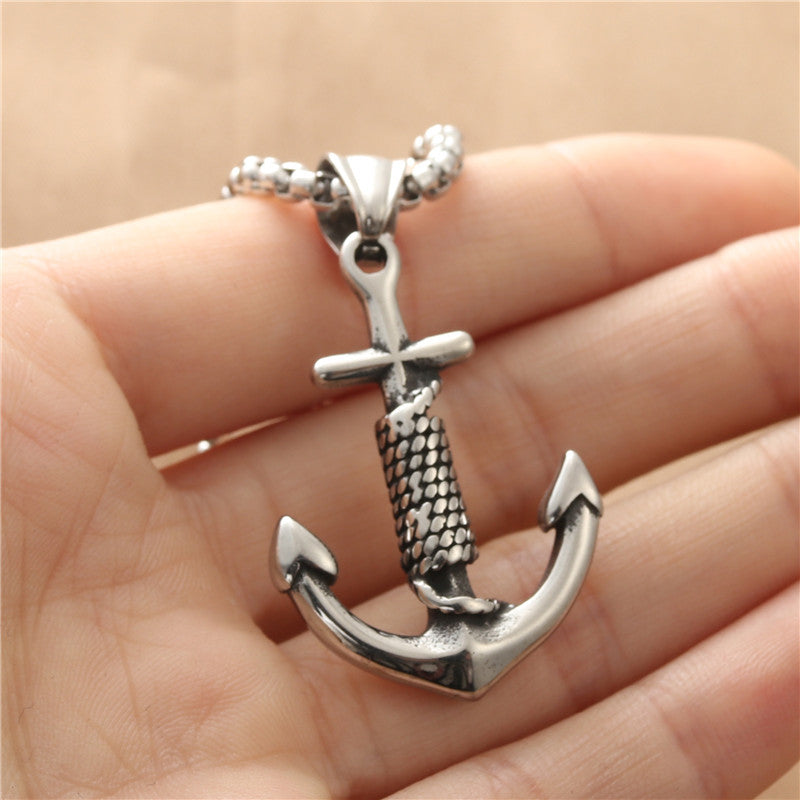 Vintage-Inspired Titanium Steel Boat Anchor Pendant Necklace for Men, Personalized Punk Style Stainless Steel Hook Design