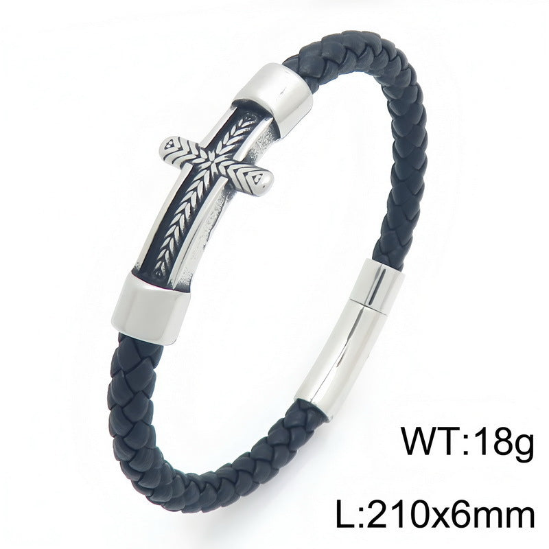 Wheat Ear Cross Curved Bar Woven Leather Bracelet Old Round Stainless Steel