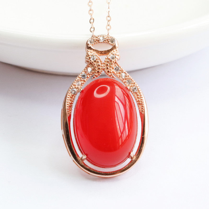 Pigeon Egg Red Agate Necklace with Zircon Rose Gold Detail
