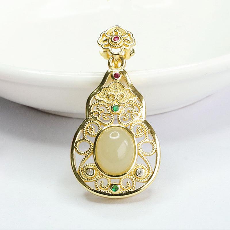 Hollow Gourd Fortune's Favor Sterling Silver Jade Pendant