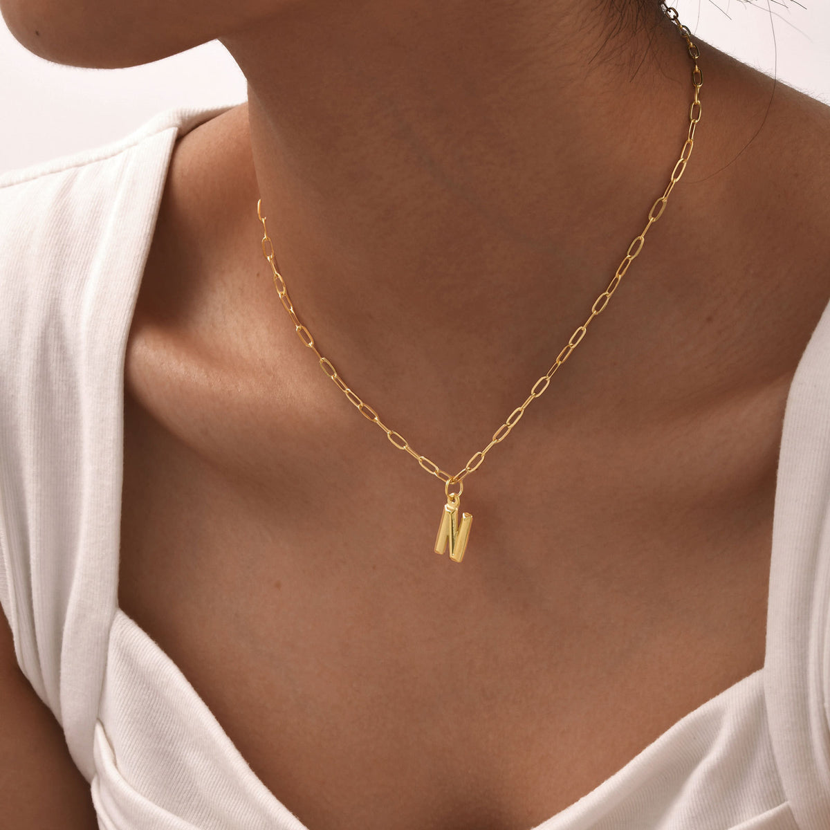 Stainless Steel Small Square Chain – Three-Dimensional Letter Necklace – Gold