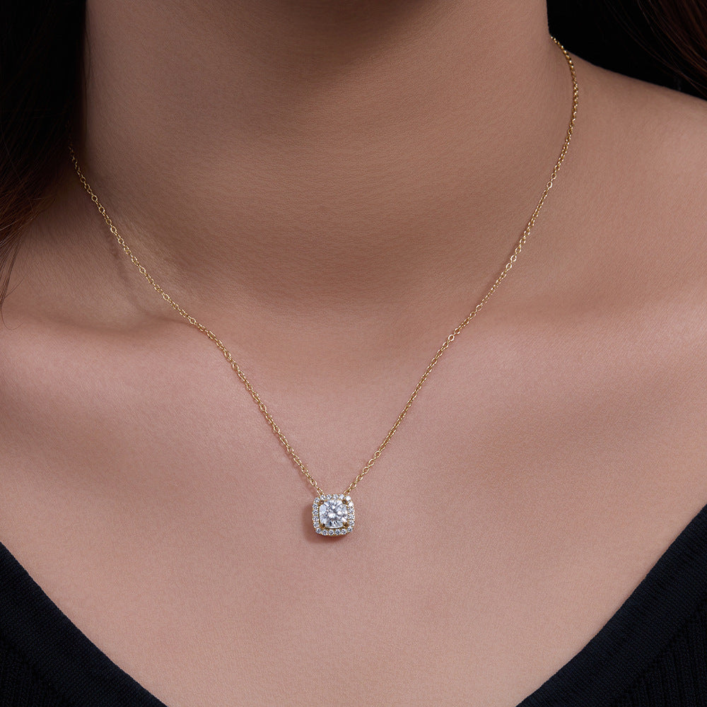 S925 Sterling Silver Geometric Square Zircon Pendant Necklace