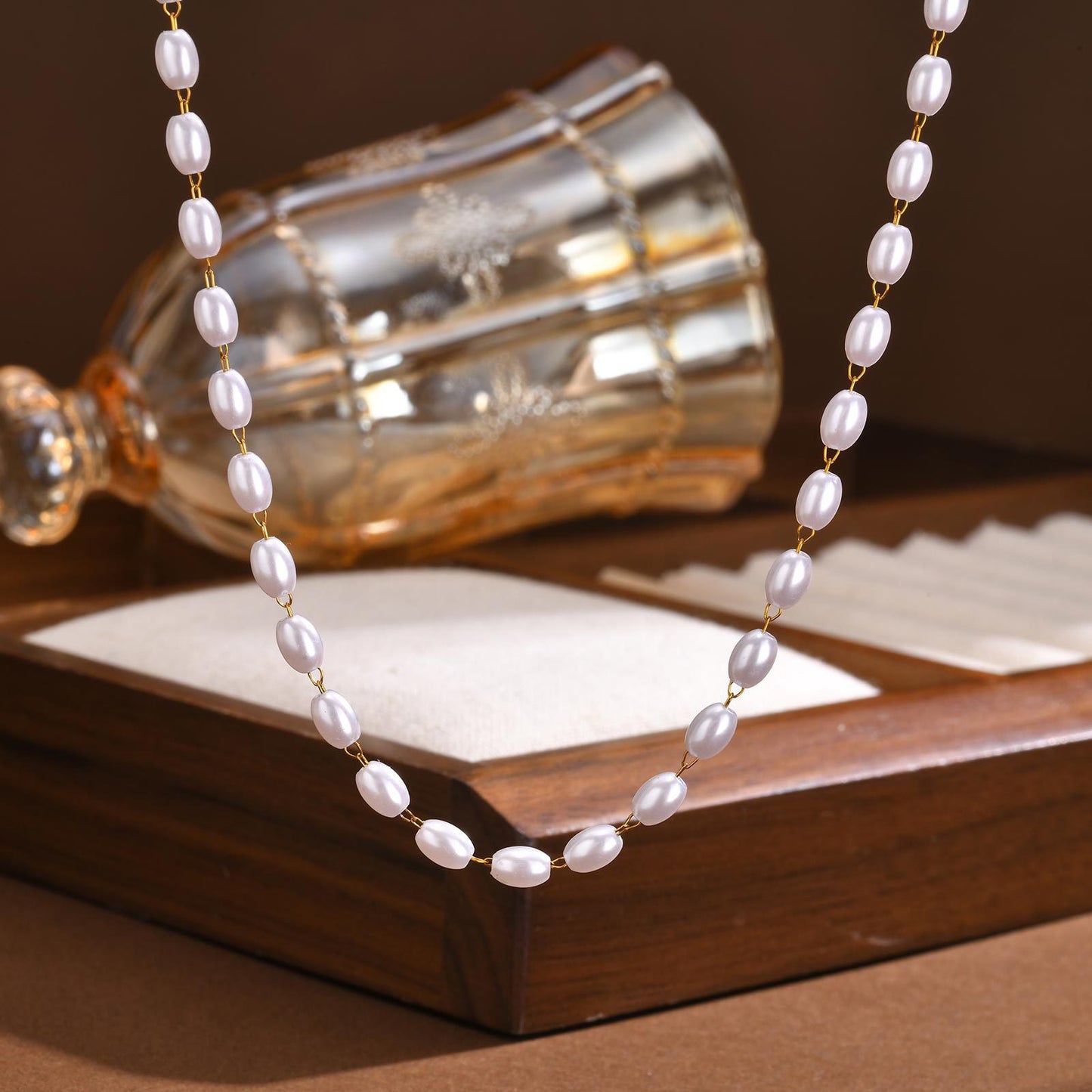 Ladies Stainless Steel Imitation Pearl Chain Gold Necklace