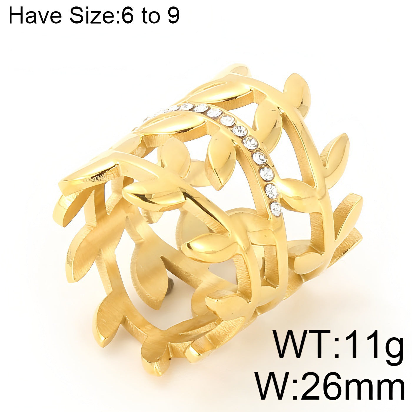 Hollow Olive Branch Inlaid Zircon Titanium Steel Ring 26mm Wide