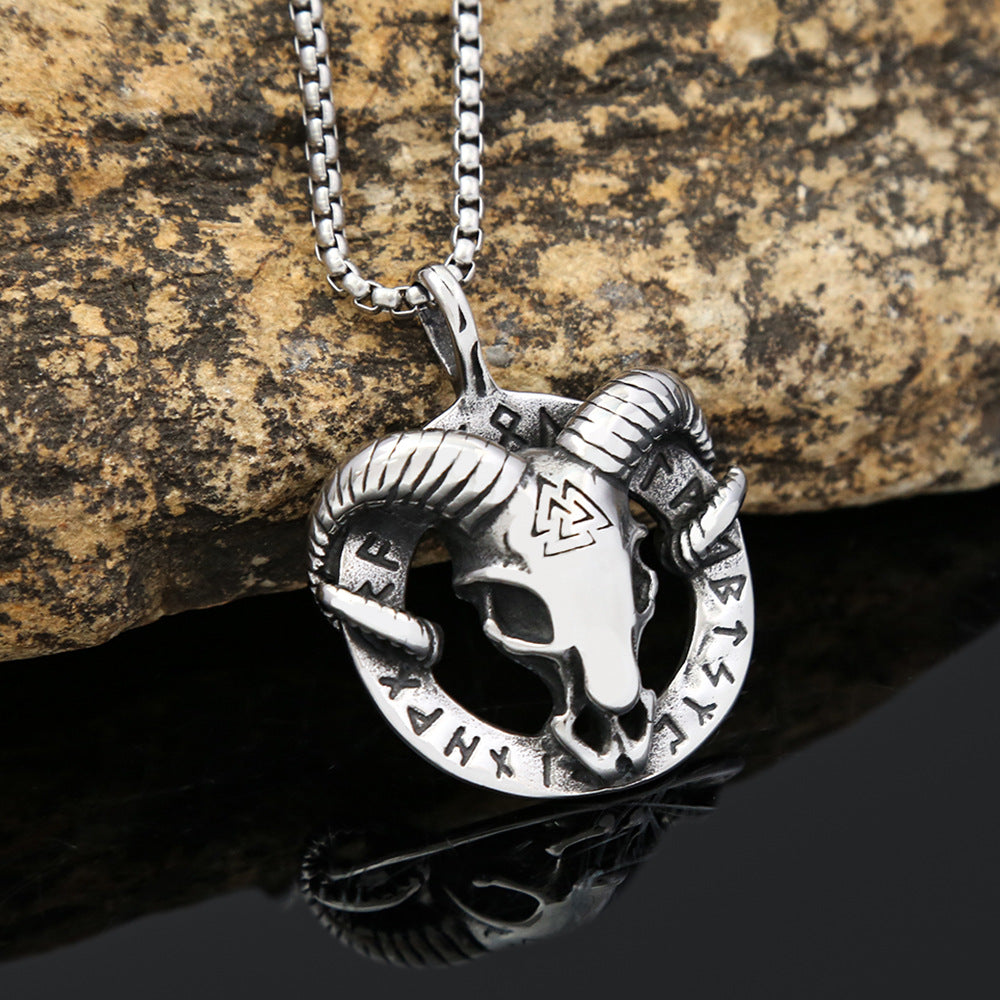 European And American Stars Retro Titanium Steel Necklace Male Viking Sheep Head Rune Triangle Logo Pendant Wholesale