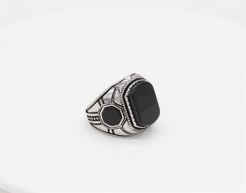 Planderful Titanium Steel Ring Unisex Retro Style Black Stone Protection Everyday Genie Statement