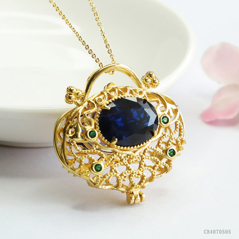 Lab-Grown Blue Spinel Openwork Handbag Pendant — No Chain