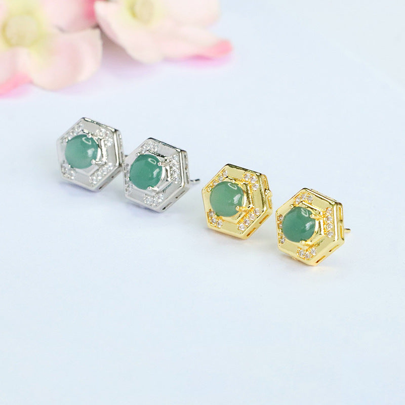 Blue-Water Jadeite Square Halo Stud Earrings