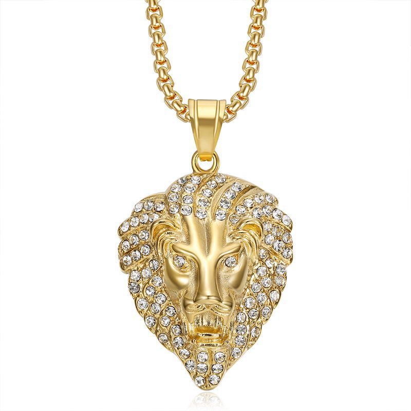 Planderful Hip Hop Jewelry Lion Head Necklace Durable Stainless Steel Gold Plated Zircon Pendant For Men And Women