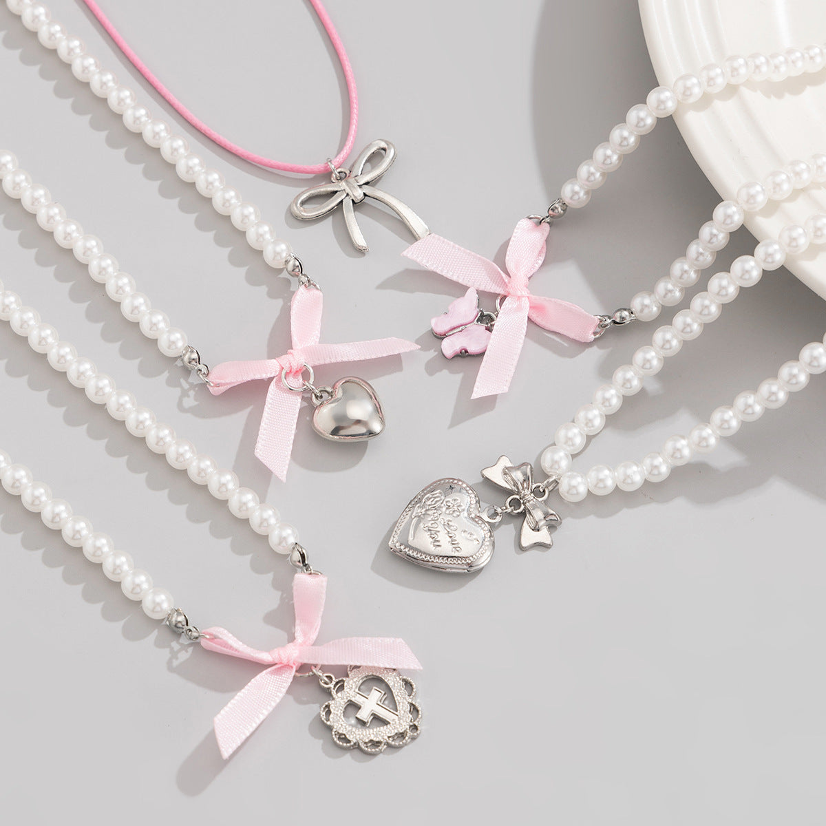 Butterfly Heart & Pearl-Style Layered Necklace