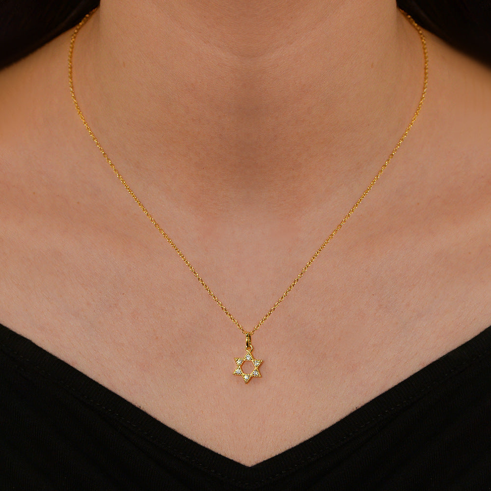 925 Sterling Silver Hexagram Hollow Pendant Necklace 14k Gold-Plated Zircon