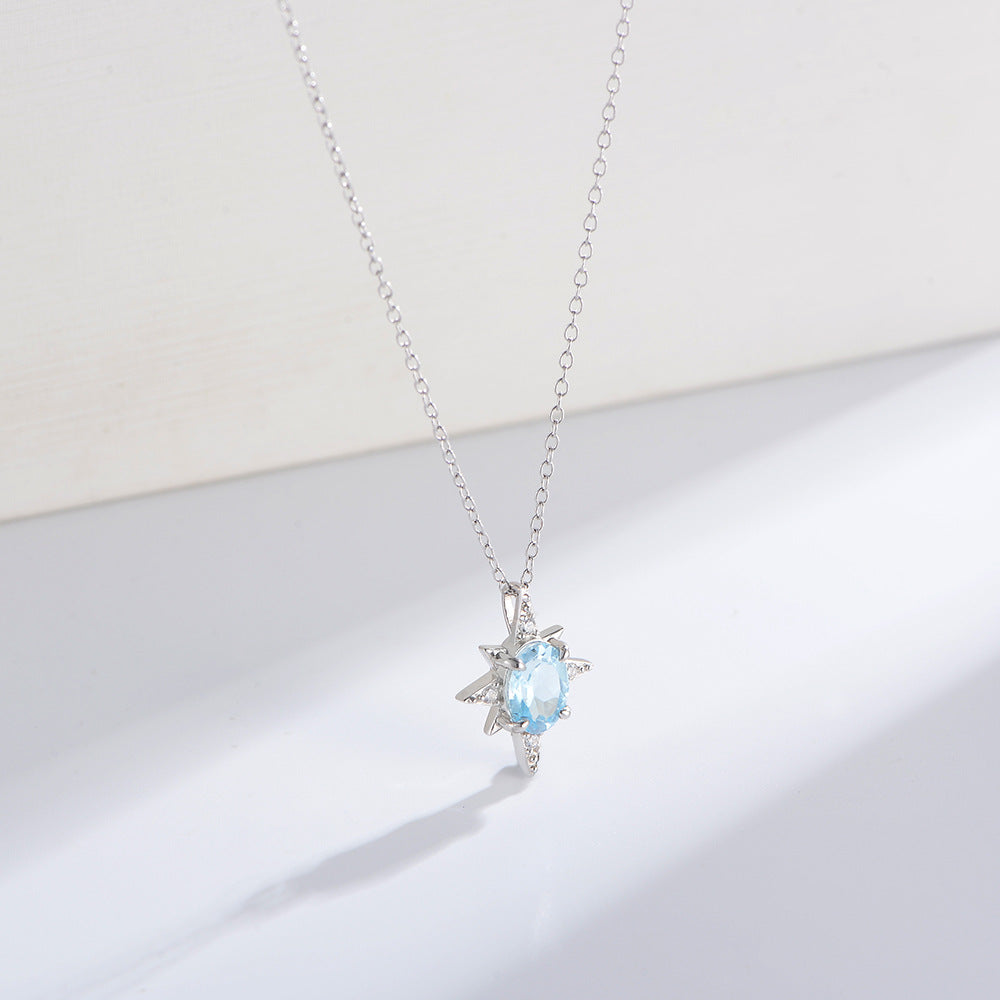 S925 Sterling Silver Eight-Pointed Star Pendant, Japanese Minimalist Sky Blue Natural Topaz Necklace Trendy