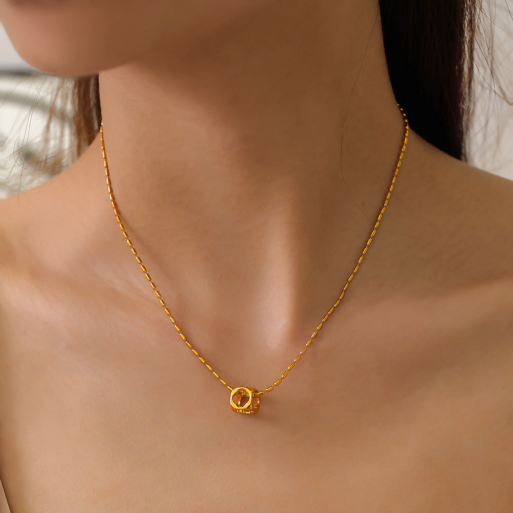 Golden Box Pendant Titanium Bead Chain Necklace with Hollow Design
