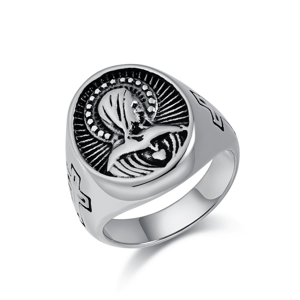 Steel Ring – Vintage Virgin Mary Cross Design