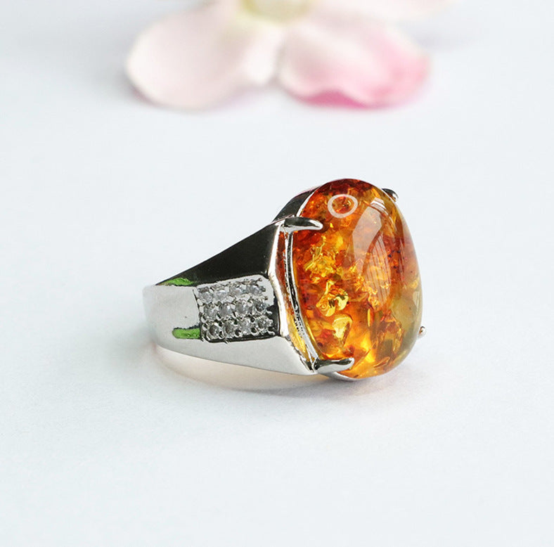 Ethnic Style Sterling Silver Beeswax Amber Ring with Adjustable Opening