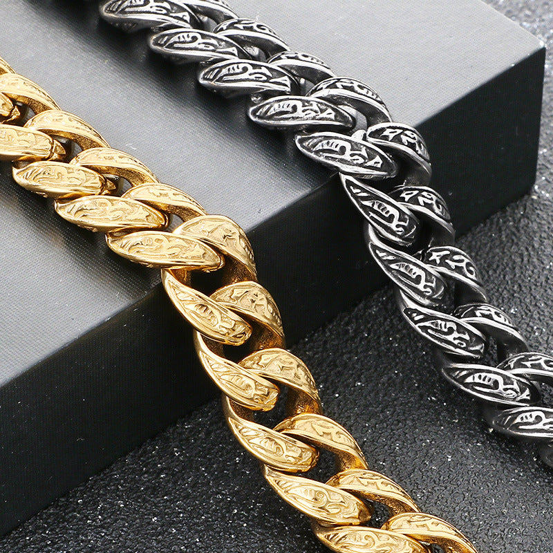 Cast Pattern – Punk Style 13mm Tang Grass Pattern Cuban Chain Titanium Steel Men's Bracelet