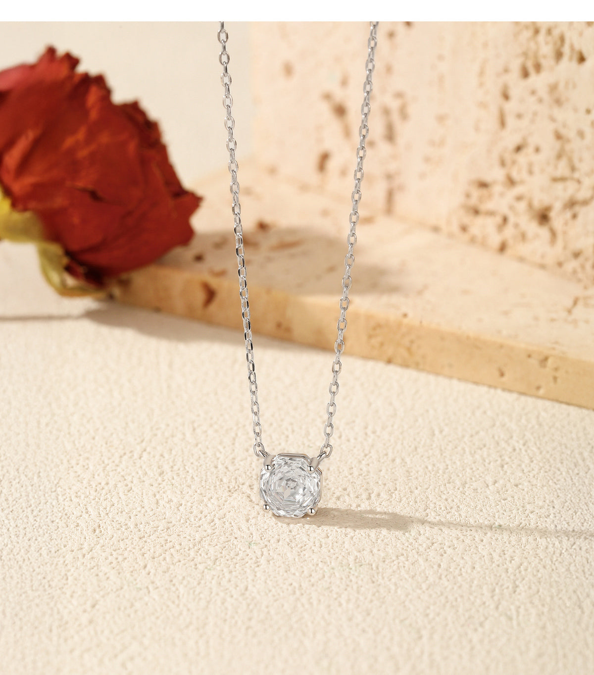 925 Sterling Silver Octagonal Rose-Cut Zircon Solitaire Necklace