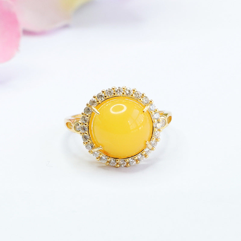Natural Beeswax Amber Zircon Sterling Silver Halo Ring - Adjustable Diameter