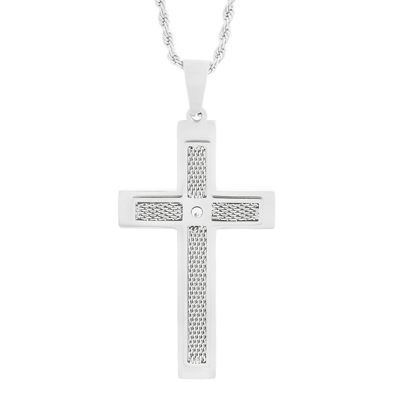 Street Pendant, Zircon Double-Layer Mesh Cross Stainless Steel Man Pendant Necklace
