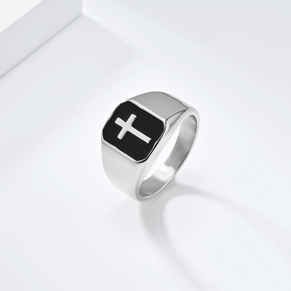 Steel Ring - Statement Punk Hip Hop Seal Cross Design Oil Drop Mens Fashion Ring Planderful