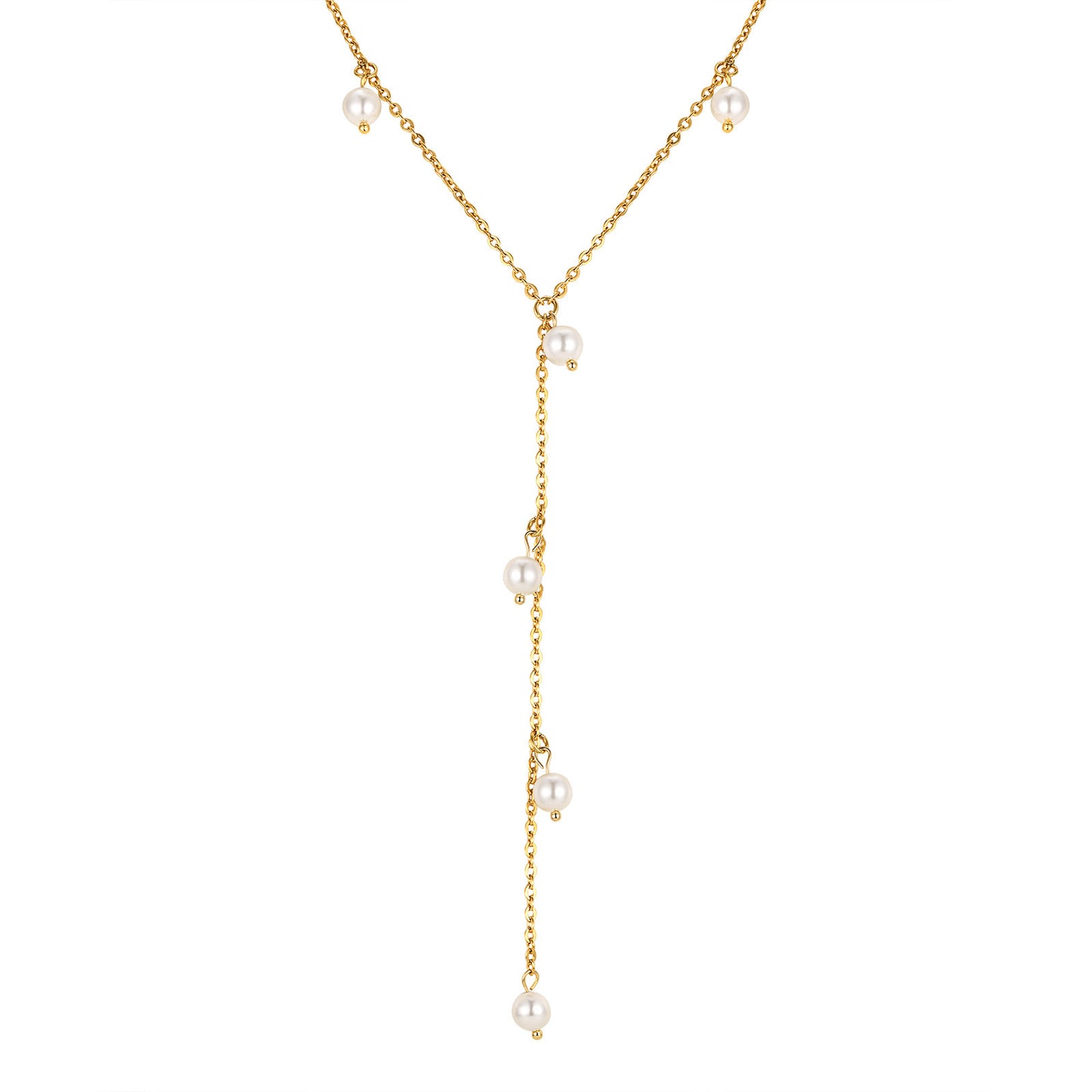 Stainless Steel Grinding Chain Imitation Pearl Fringed Y-Shaped Gold Necklace