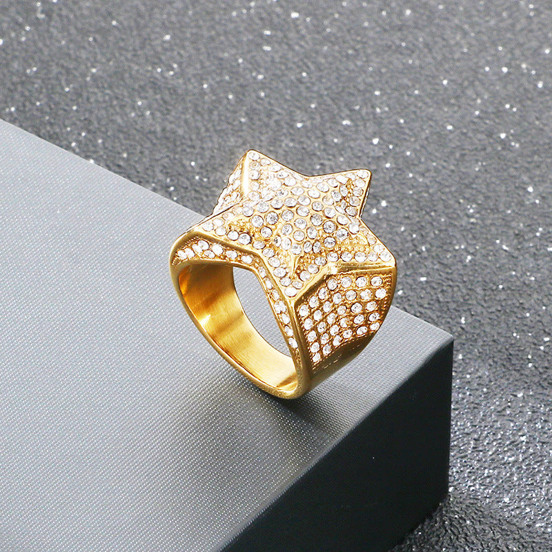 Luxury Zircon Star Ring, Hip-Hop Rock Full Of Zircon Three-Dimensional Five-Pointed Star Stainless
