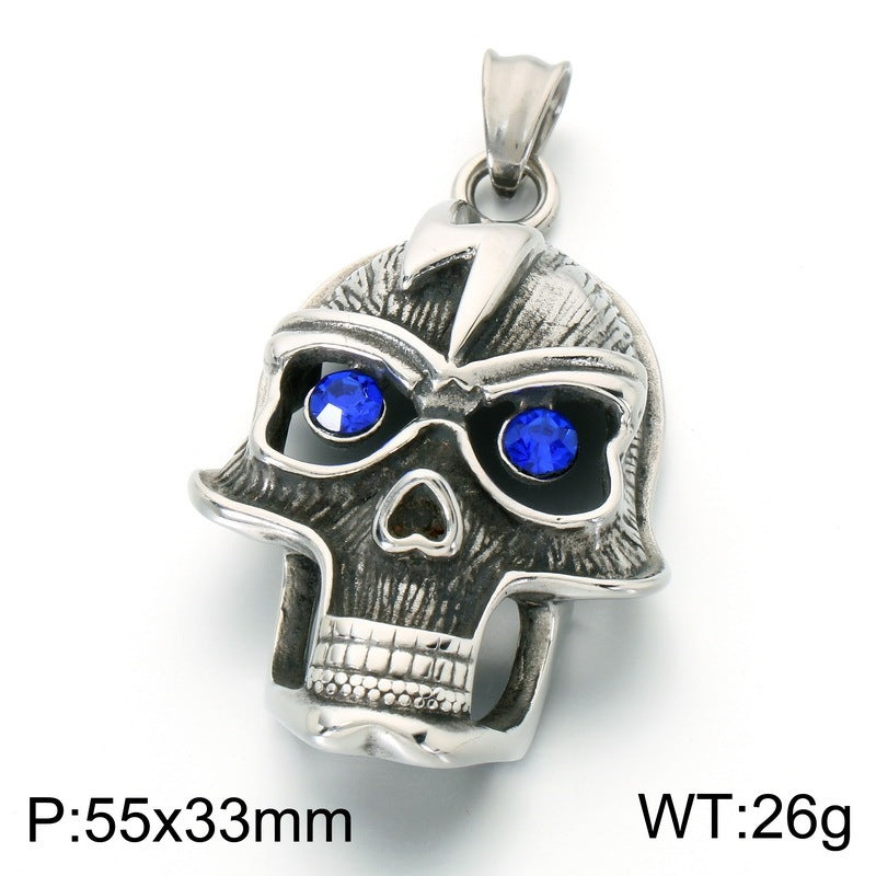 Viking Horn Helmet Pendant Zircon Blue Eyed Skull Pirate Skull Pendant Stainless Steel Necklace