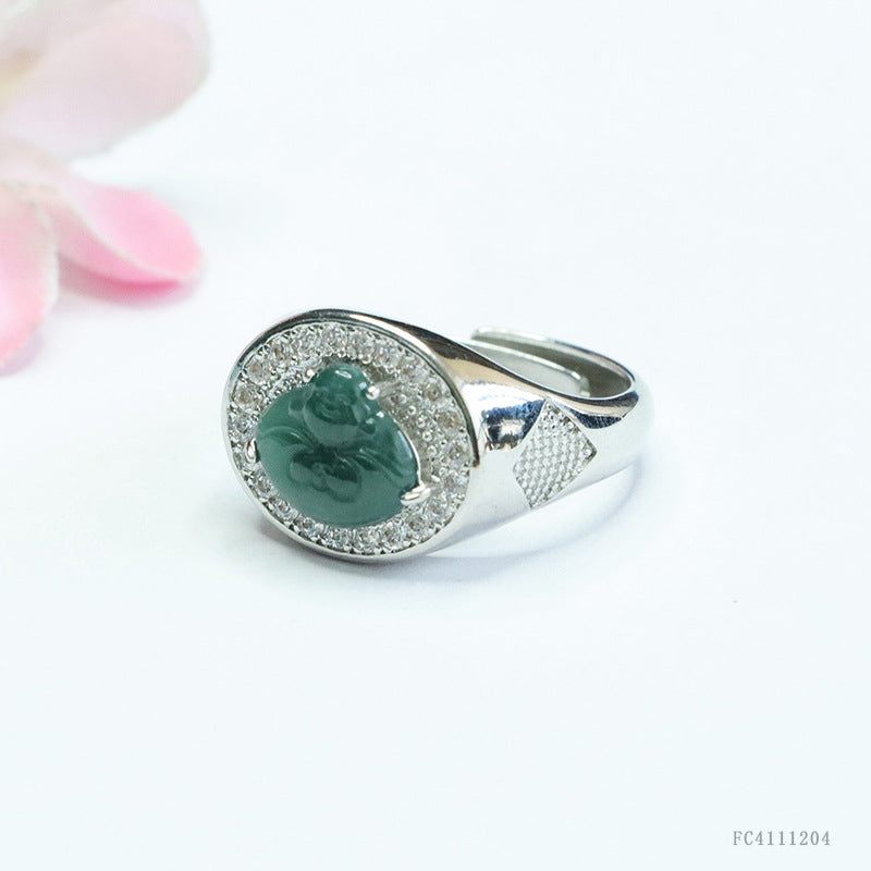 Blue Water Jadeite Buddha Pavé-Style Ring