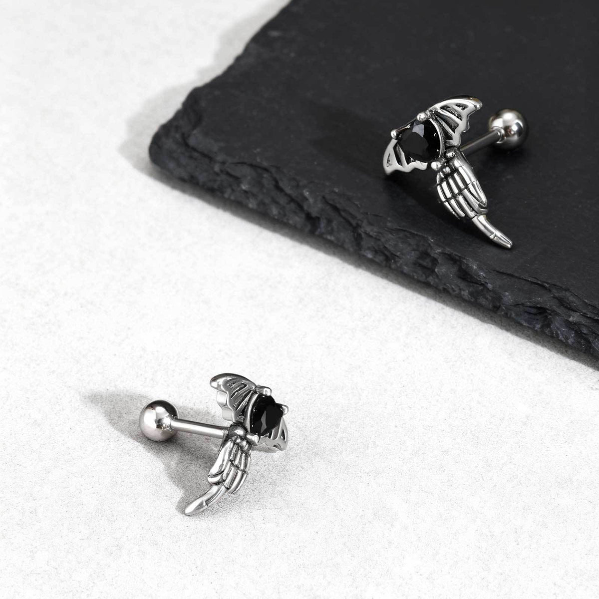 Silver-Tone Black Heart Bat Skeleton Earring — Single
