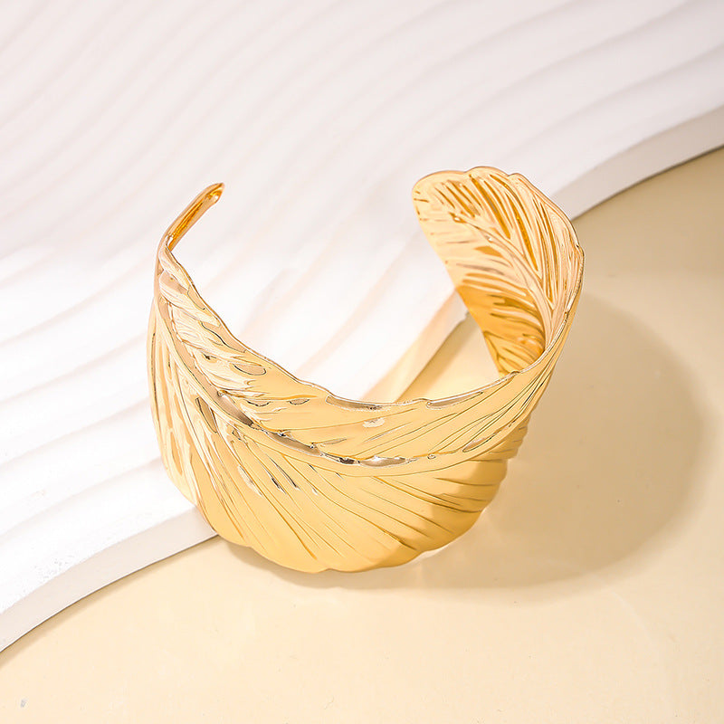 European Chic Leaf Design Metal Bangle - Statement Hand Jewelry for Women