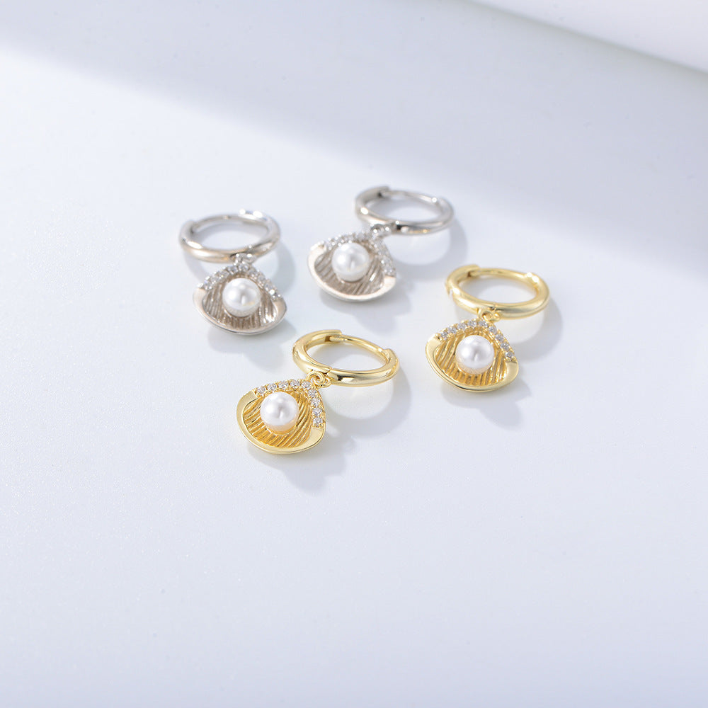 S925 Sterling Silver Shell Shape Pearl Earrings Zircon Earrings