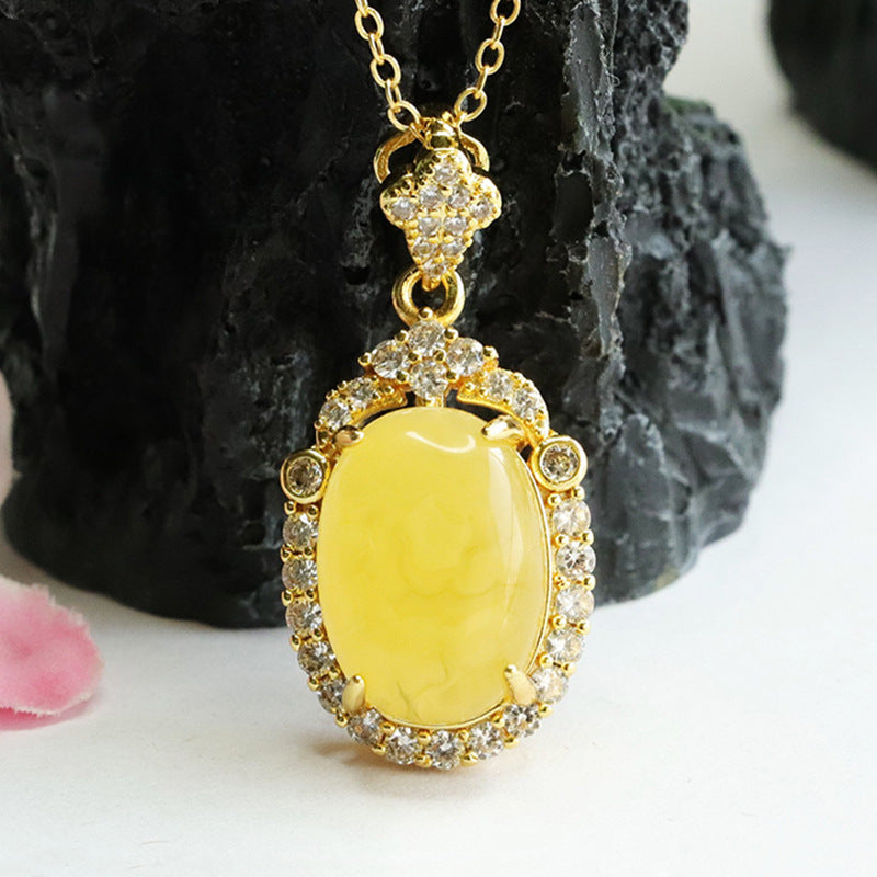 Pendant Necklace with Genuine Amber Beeswax and Zircon Gemstones