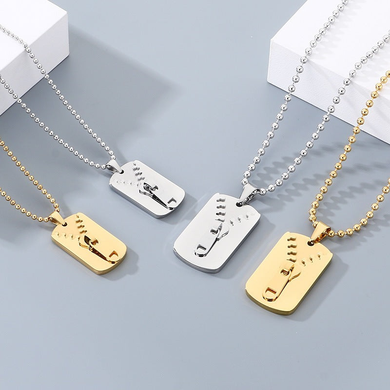 Simple Design Three-Dimensional Zipper, Military Brand Titanium Steel Necklace, Men's And Women'S Couples'