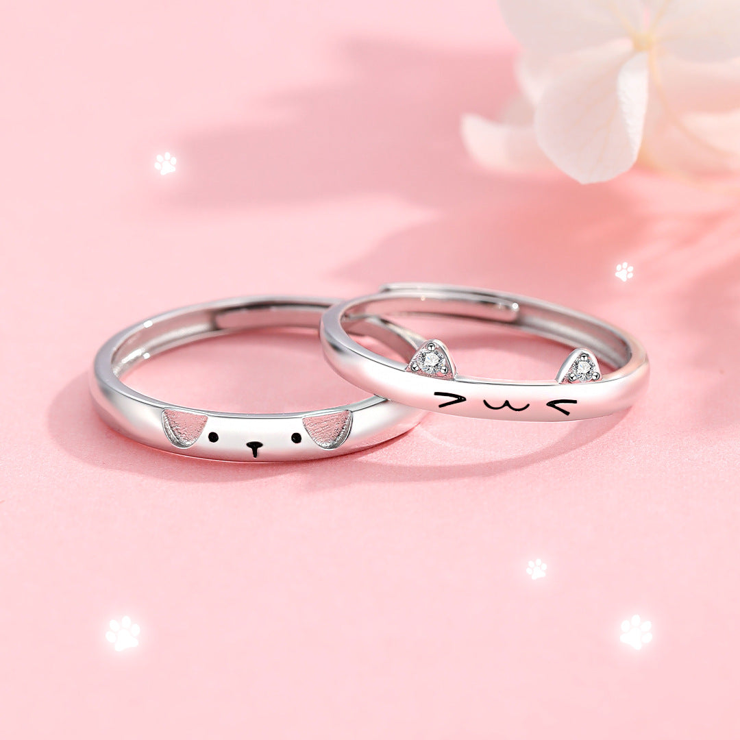 Planderful S925 Sterling Silver Cat And Dog Love Ring Adjustable Opening For Pet Lovers Cartoon Style